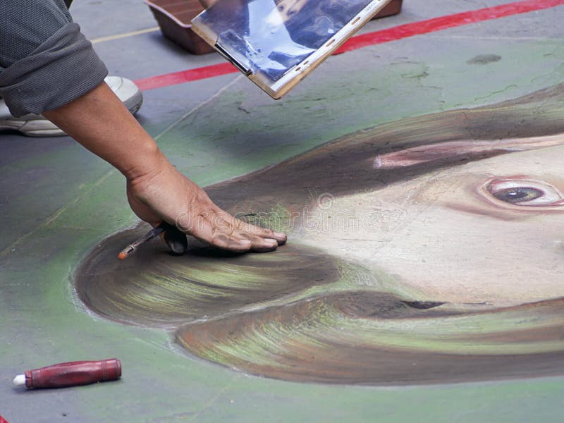 Street Artist Paints with Chalk on the Pavement Editorial Image Image