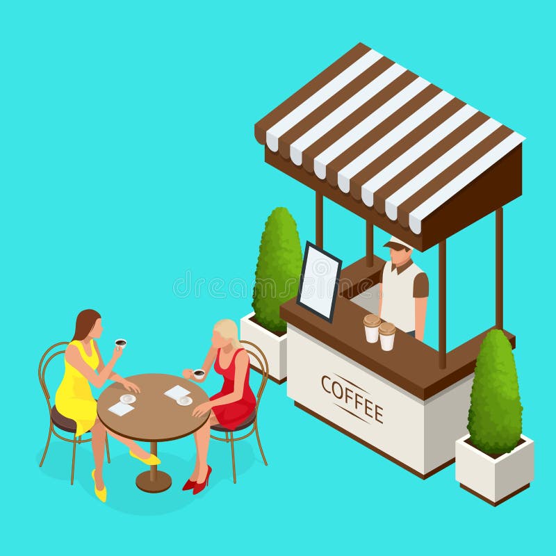 Street cafe concept. Couple in a street cafe. Isometric vector illustration royalty free illustration Street cafe concept. Couple in a street cafe. Isometric vector illustration royalty free illustration