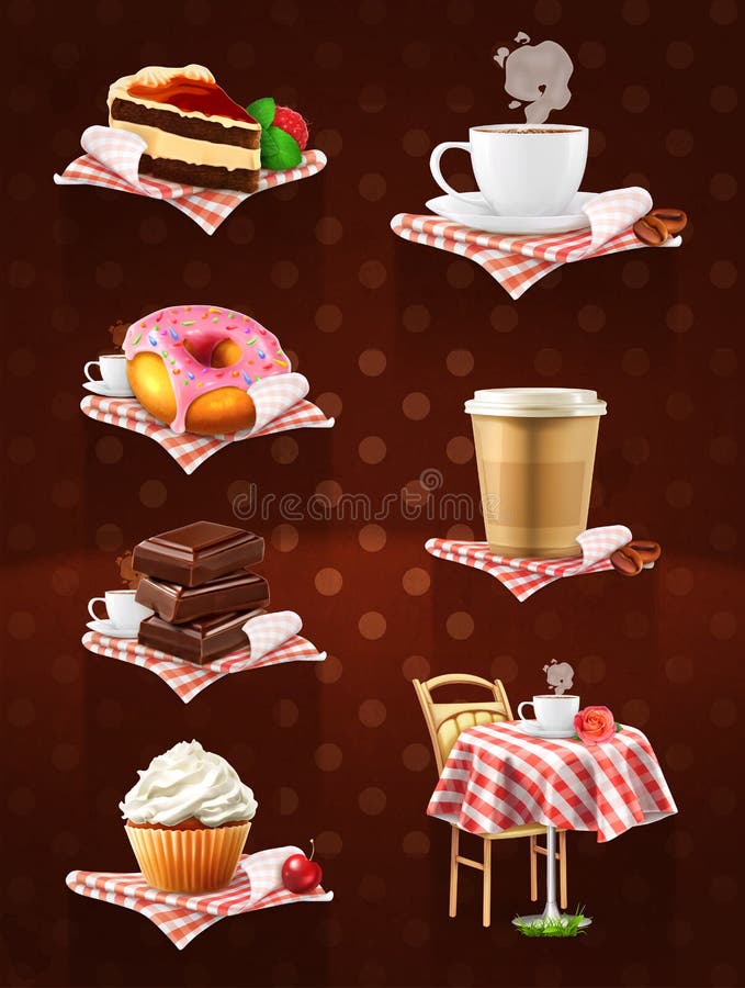 Set with street cafe vector icons chocolate, cupcake, cake, cup of coffee and donut on dark background. Set with street cafe vector icons chocolate, cupcake, cake, cup of coffee and donut on dark background