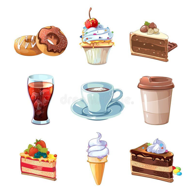 Street cafe products vector cartoon set. Chocolate, cupcake, cake, cup of coffee, donut, cola and ice cream vector illustration Street cafe products vector cartoon set. Chocolate, cupcake, cake, cup of coffee, donut, cola and ice cream vector illustration