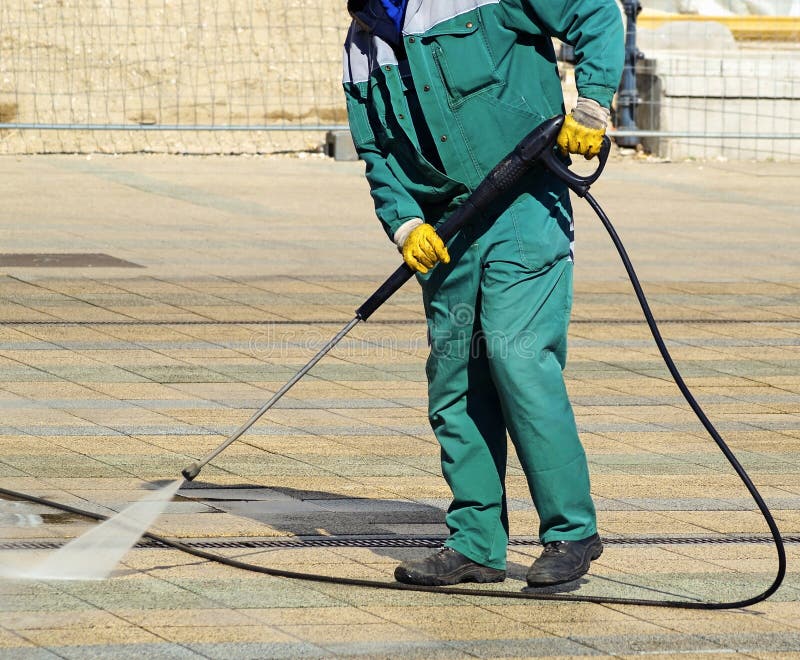 Street Cleaning with a High Pressure Cleaner Stock Photo Image of cleaning, broom 147915780