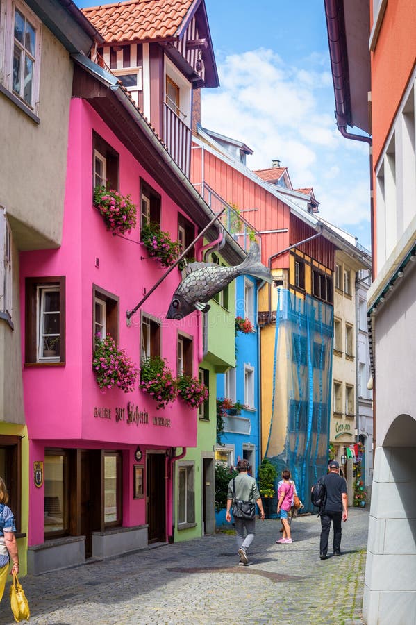 Street With Colored Houses In Old Town Of Lindau, Germany Editorial
