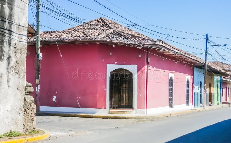 View of Street with colourful houses, Granada, founded in 1524, Nicaragua, Central America