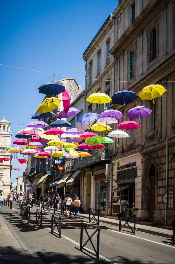 Street Decorated with Colored Umbrellas. Arles, Provence. France ...