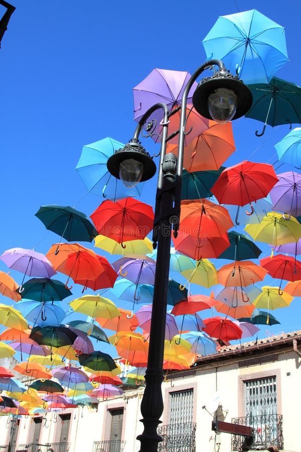 Street Decorated Colored Umbrellas Madrid Getafe Spain Stock Photos