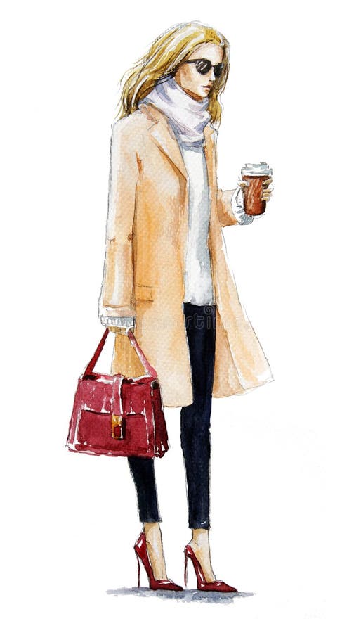 Street fashion. fashion illustration of a blond girl in a coat. Autumn look. watercolor painting. stock illustration Street fashion. fashion illustration of a blond girl in a coat. Autumn look. watercolor painting. stock illustration