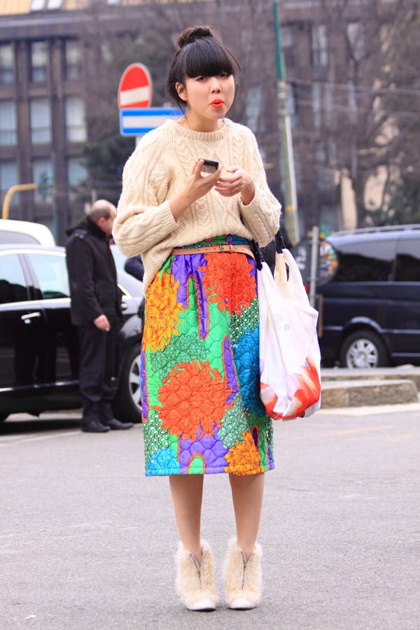 Milan Streetstyle City Fashion Leather Skirt Stock Photo - Image of ...