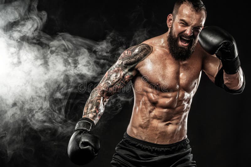 Sportsman Muay Thai Boxer Celebrating Flawless Victory in Boxing Cage.  Isolated on Black Background with Smoke. Copy Stock Image - Image of  people, handsome: 91121441