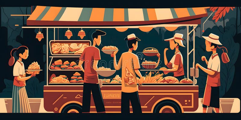 Street Food Market, Variety of Food Vendors and Customers Stock