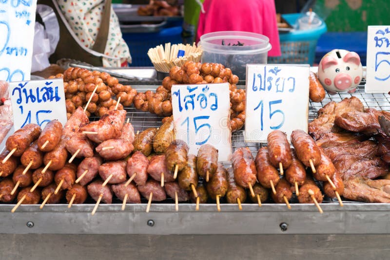 Street Food in Phuket, Thailand - Fried Meats with Sticks, Thai Style