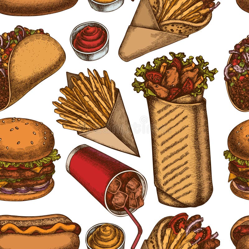 Street Food Seamless Pattern Background Design. Engraved Style Stock