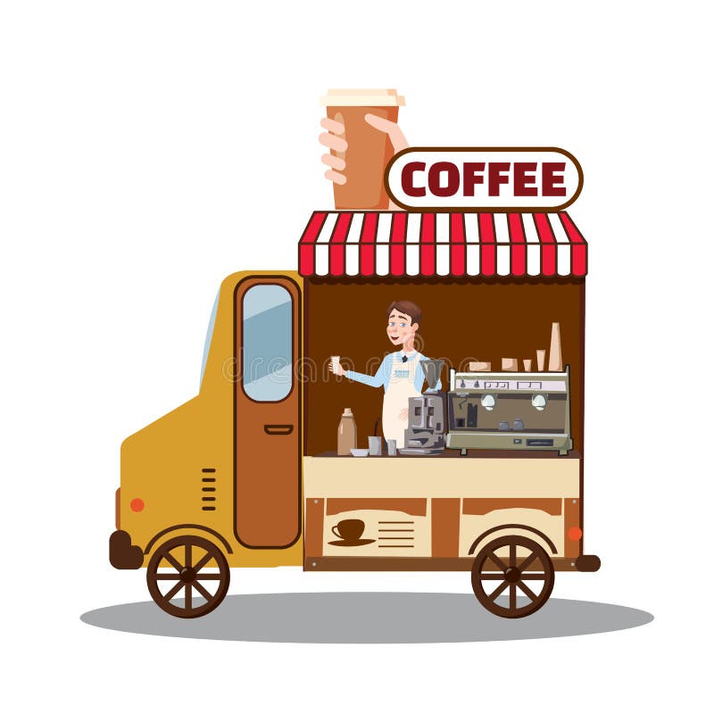 Street food truck, van. Fast food delivery. Coffee van, shop, barista, Cartoon design vector illustration, isolated stock illustration Street food truck, van. Fast food delivery. Coffee van, shop, barista, Cartoon design vector illustration, isolated stock illustration