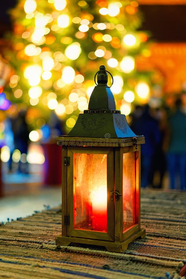 Street lantern at Christmas market in night Riga