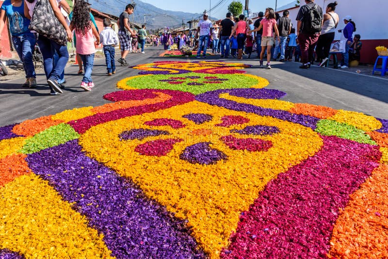 Lent Carpets Outside Church & Volcano, Antigua, Guatemala Editorial ...