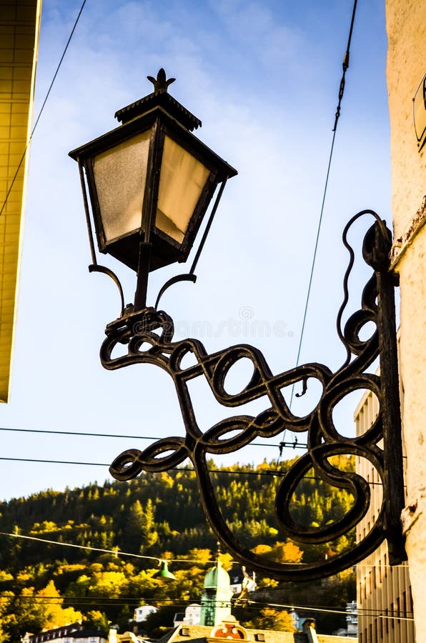 Street Light Hanging on Facades in Bergen Stock Image Image of