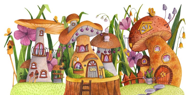 Street of mushroom houses with grass, flowers, butterfly, nesting box, fence, banner and well.