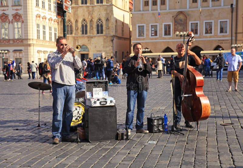 Street musicians in Prague`s Old Town Square