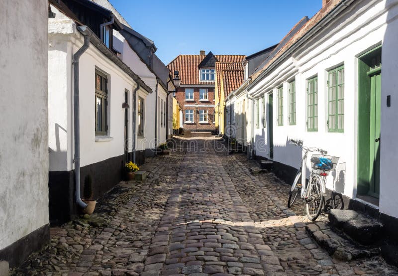 Street with old houses from Ribe in Denmark stock photography Street with old houses from Ribe in Denmark stock photography