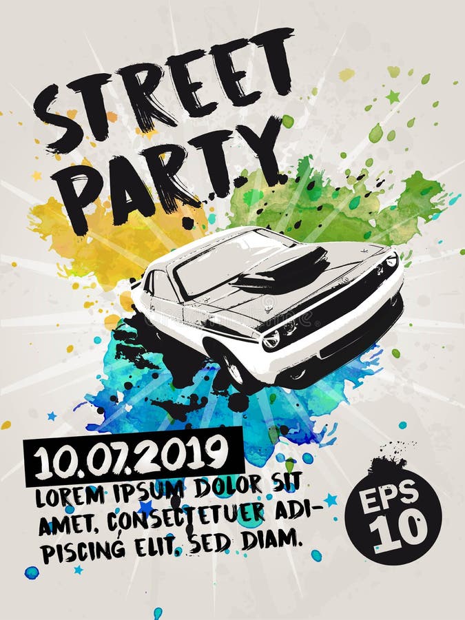 Street Party Poster with Muscle Car and Transparent Watercolor Splashes
