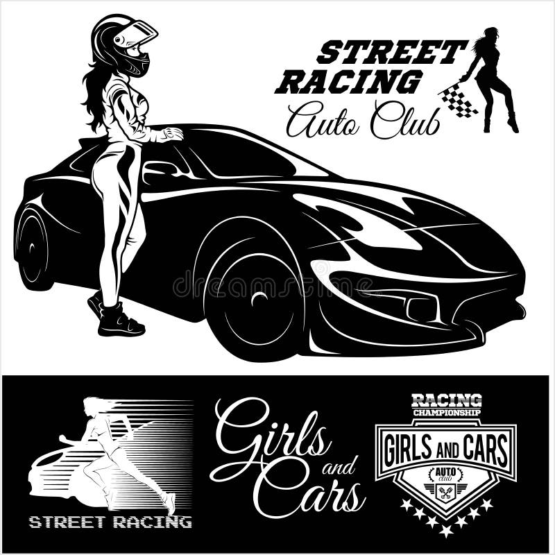Street Racing. Sport girl with starting the checkered flag. Auto Motor Racing.