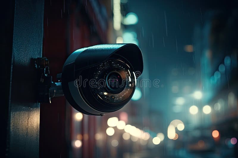 Street Round Security Camera on the Building, Night City in Blur