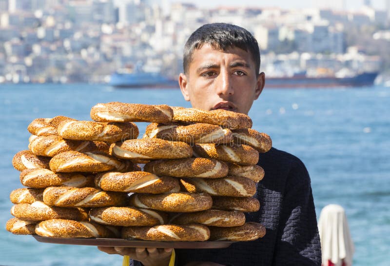 Street sales of traditional Turkish bagels Simit, are on the streets of Istanbul in Turkey