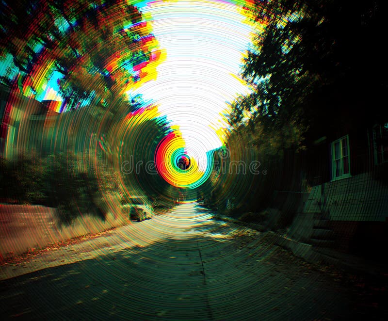 A street scene is distorted by a vibrant, swirling spiral effect centered in the imag vector illustration