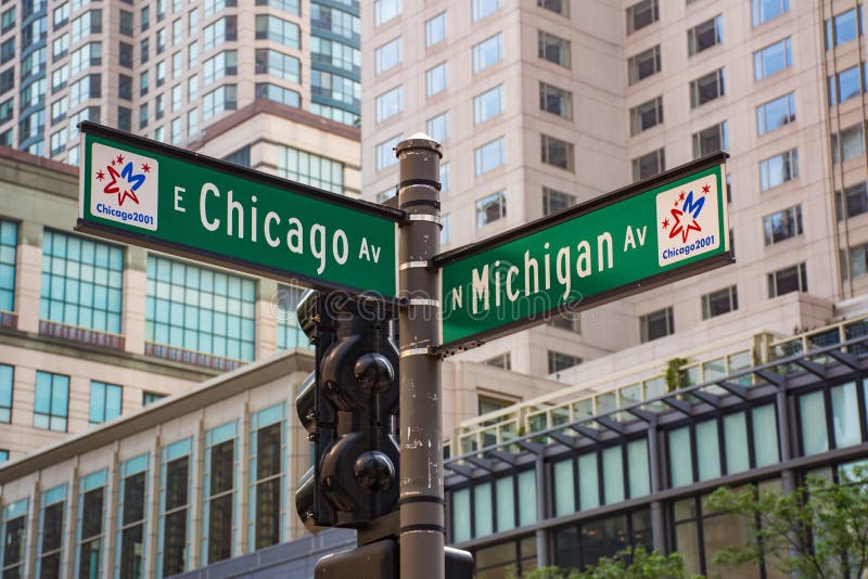 Street Sign on the Corner of Chicago and Michigan Ave Editorial Image
