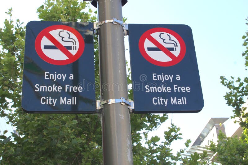 Street sign of smoke free City Mall in Australia. For instance smoking is forbidden in the Murray city mall in the city center of Perth, Western Australia. Street sign of smoke free City Mall in Australia. For instance smoking is forbidden in the Murray city mall in the city center of Perth, Western Australia