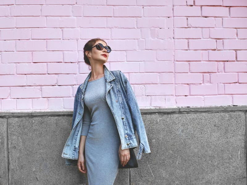 Street Style Shoot Woman on Pink Wall. Swag Girl Wearing Jeans Jacket, Grey  Dress, Sunglass. Fashion Lifestyle Outdoor Stock Photo - Image of modern,  blogger: 153328432