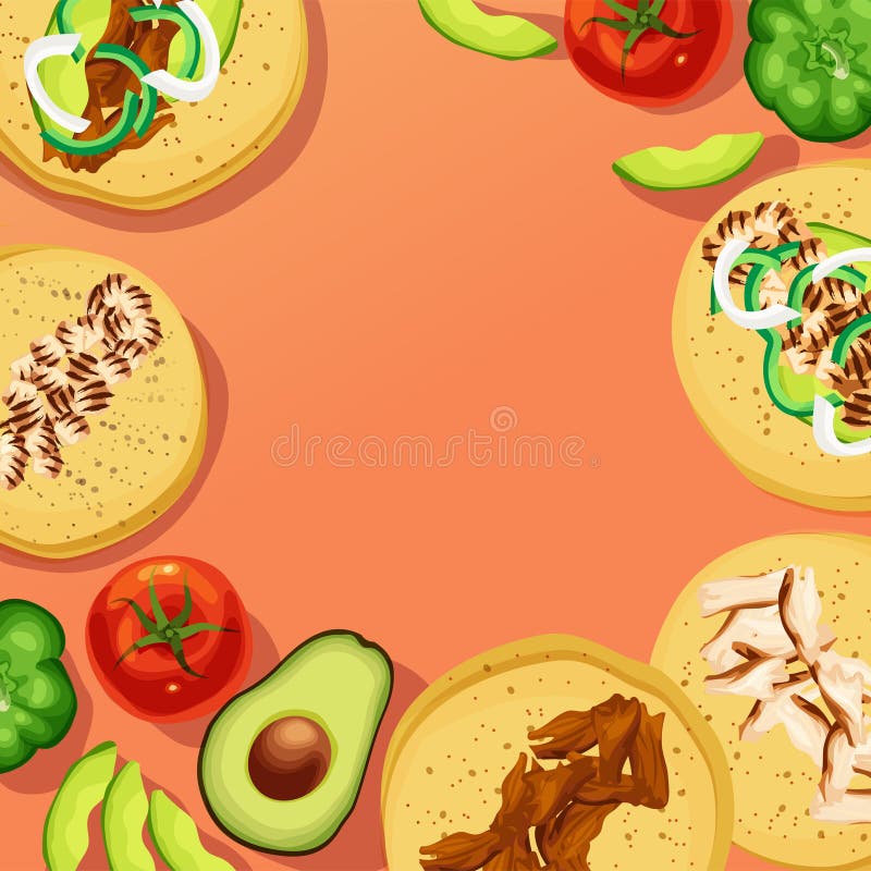 Street Tacos and Vegetables on Red Orange Background Stock Vector -  Illustration of beef, ring: 147971722