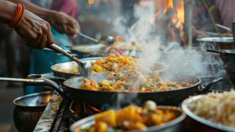 A Street Vendor Cooks Indian Food on the Street in India Stock Photo