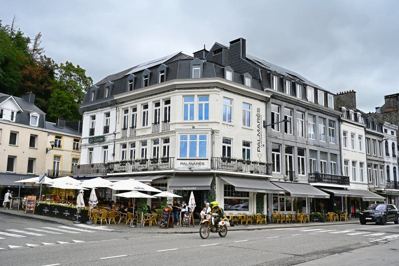 SPA, WALLONIA, BELGIUM - AUGUST 2023: Restaurants and terraces in the city center of Spa in the Belgian Ardennes. SPA, WALLONIA, BELGIUM - AUGUST 2023: Restaurants and terraces in the city center of Spa in the Belgian Ardennes