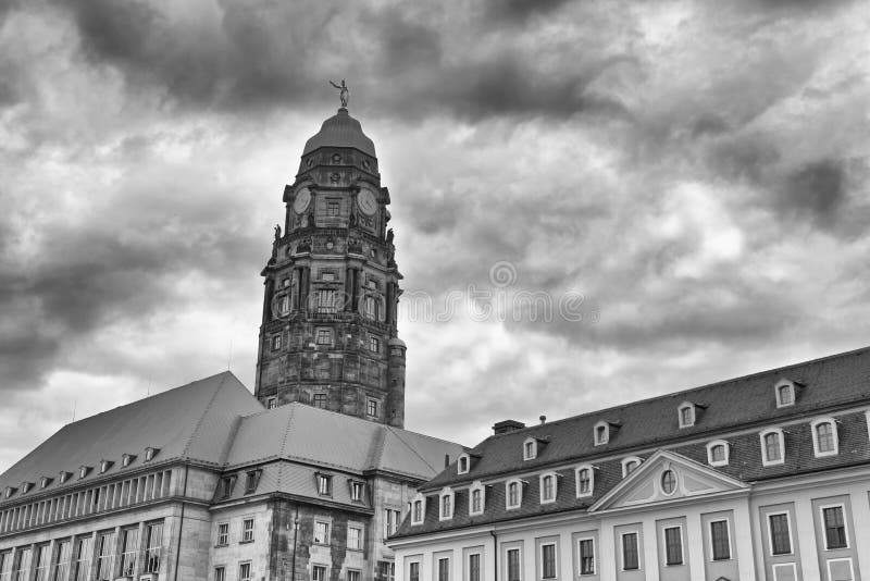Street View of Dresden Skyline on a Cloudy Day, Germany Stock Photo