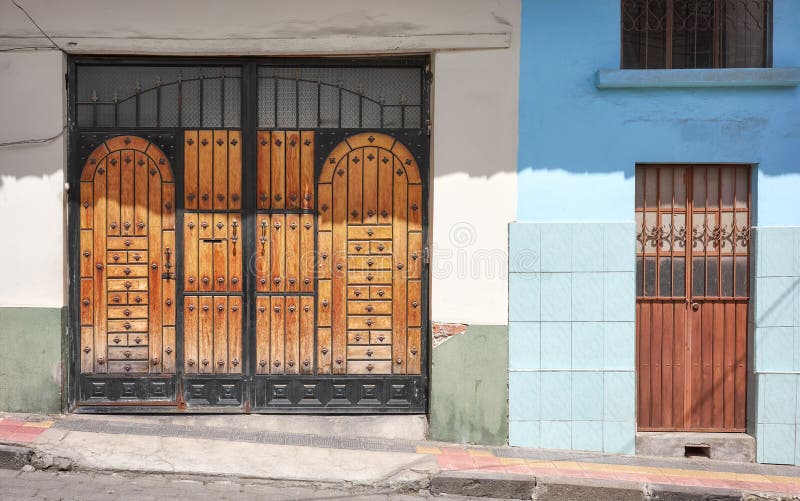 Street view of an old building facade in Otavalo, Ecuador royalty free stock photography
