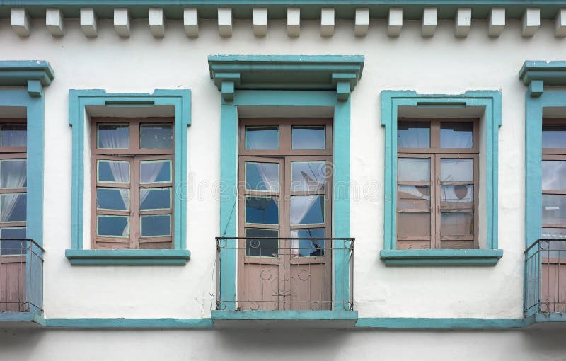 Street view of an old colonial building facade, Cuenca, Ecuador stock image