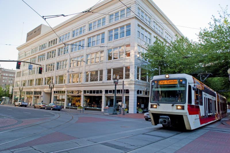 Streetcar in downtown area royalty free stock photography