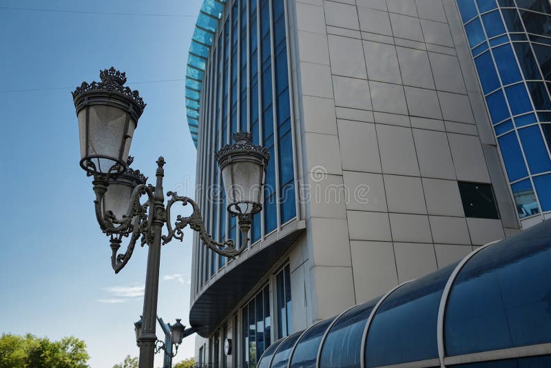 Closeup on building background and a beautiful blue sky streetlight