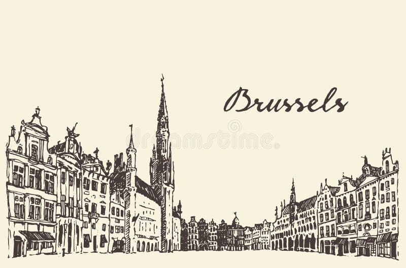 Streets in Brussels vector engraved drawn sketch vector illustration