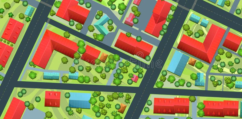 Streets of city. Top View from above. Small town house and road. Map with roads, trees and buildings. Modern car