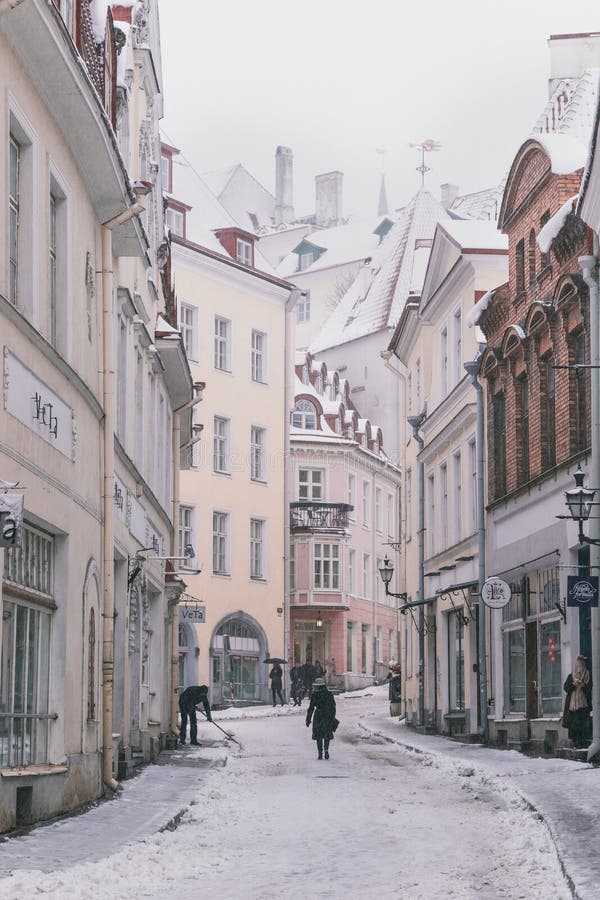 Streets of Estonia`s capital Tallinn in the old town neighbourhood on a snowy day. Streets of Estonia`s capital Tallinn in the old town neighbourhood on a snowy day.