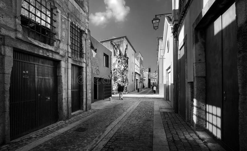 Streets from the port warehouse side of the old city of Porto. Portugal. Black and white