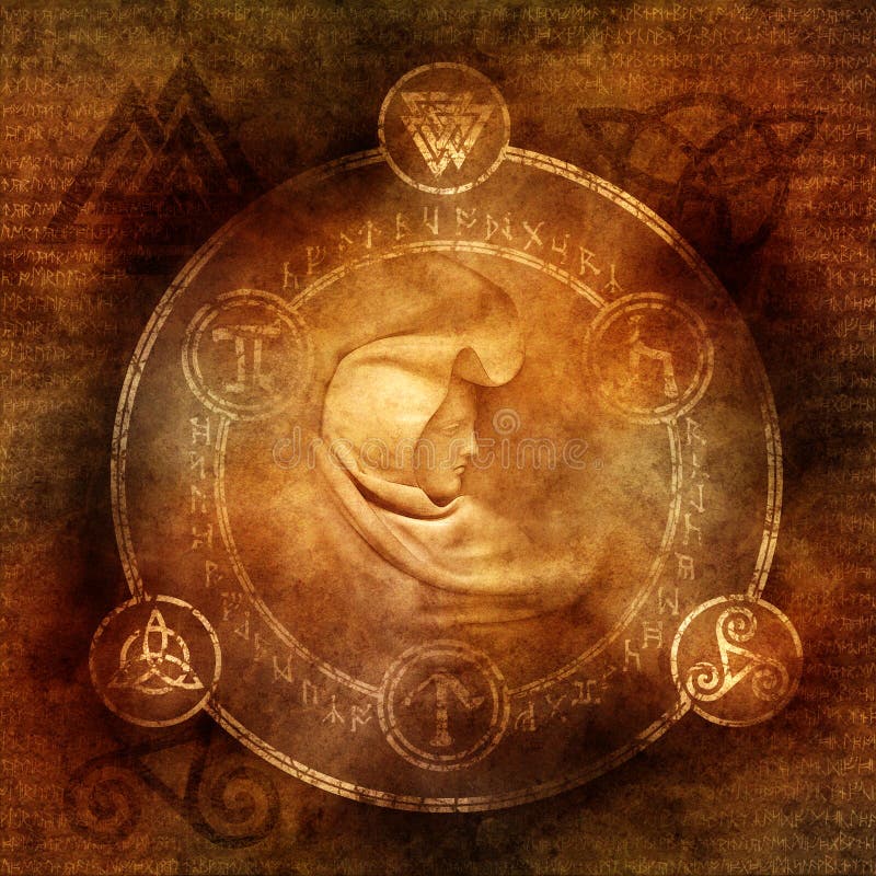 Pagan Sorceress with robed and hooded female figure enclosed within a magic circle of mysterious pagan and runic symbols. Pagan Sorceress with robed and hooded female figure enclosed within a magic circle of mysterious pagan and runic symbols.