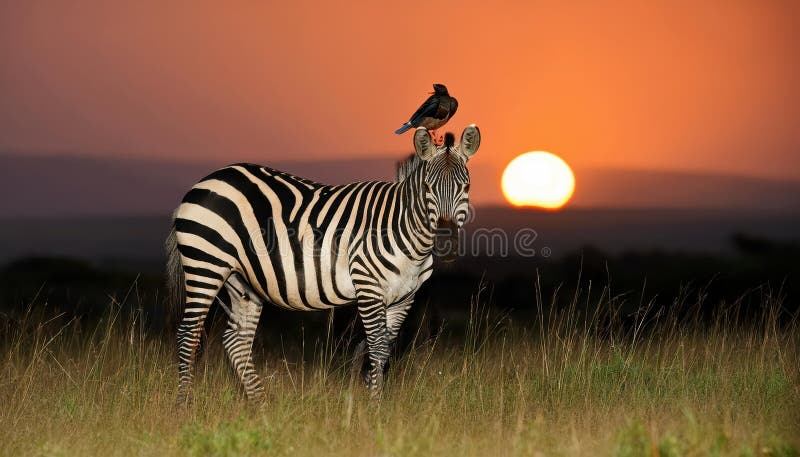 Slående Burchells Zebra i harmoni med vårtstare. Majestätisk Equus burchelli och livfull Creatophora cinerea i fantastisk vektor illustrationer