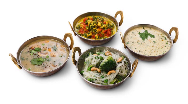 Strenger Vegetarier und heiße würzige Teller der vegetarischen indischen Küche lizenzfreies stockbild Strenger Vegetarier und heiße würzige Teller der vegetarischen indischen Küche lizenzfreies stockbild
