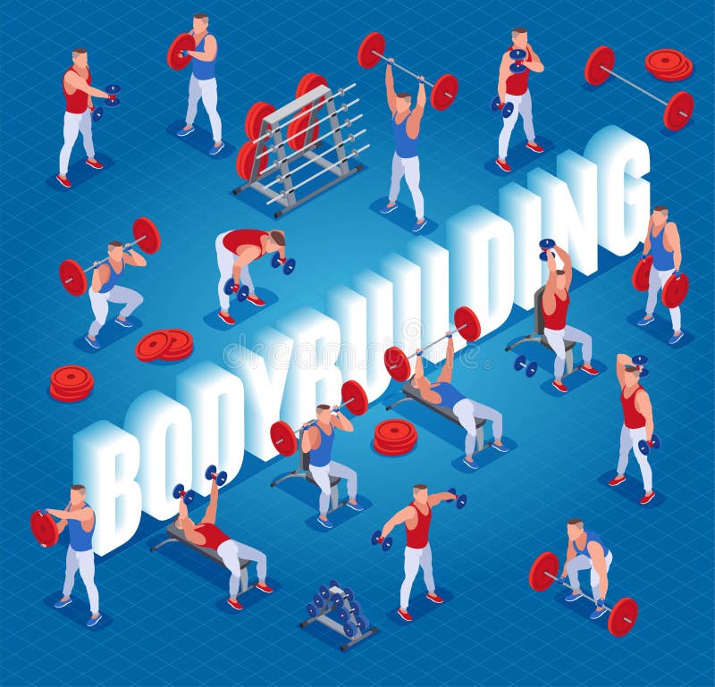 Strength training and 3d word Bodybuilding. Barbell and Dumbbell exercises. Isometric icons on isolated background stock illustration