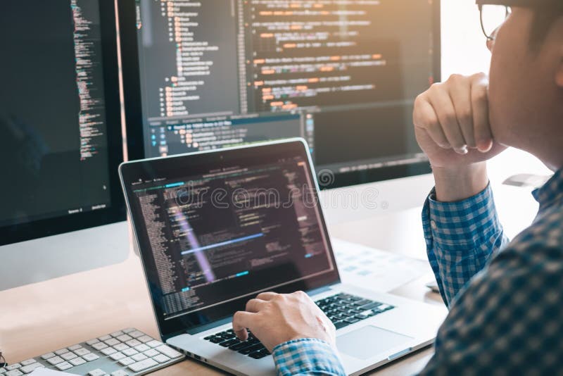 Stress developing programming looking coding technology working on computer stock image