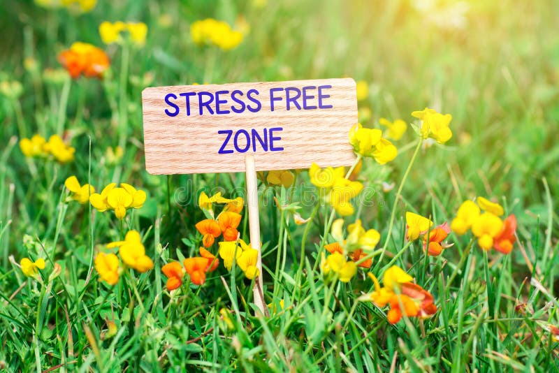 Stress free zone on small wooden signboard in the green grass with flowers and sun ray. Stress free zone on small wooden signboard in the green grass with flowers and sun ray