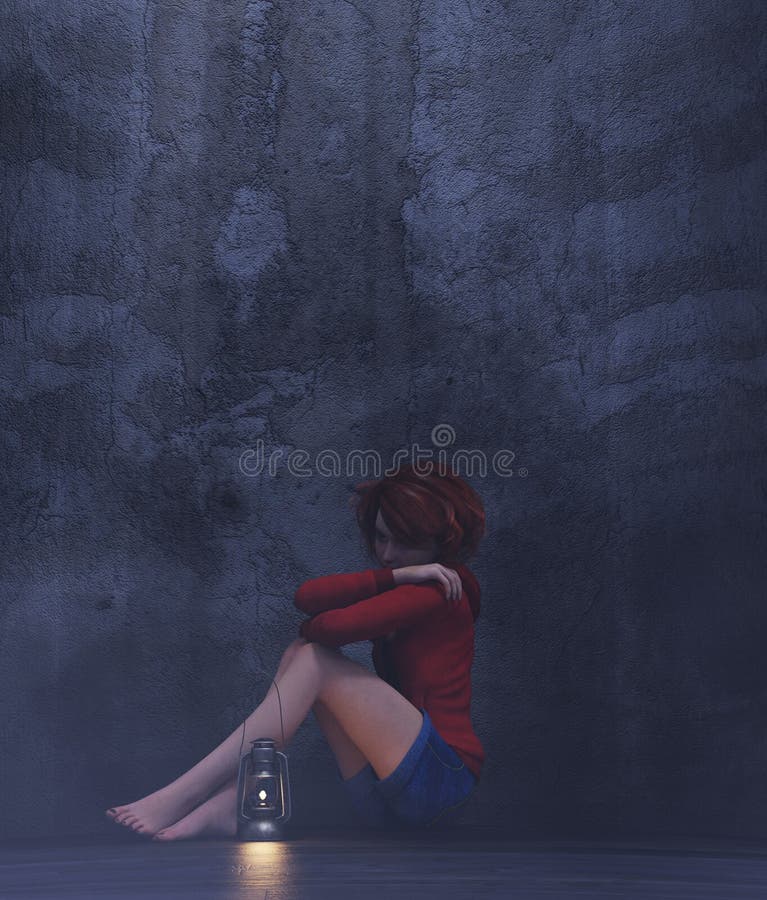 Stress Girl Sitting Alone in a Dark Room Stock Illustration - Illustration  of creepy, psychiatric: 132515948