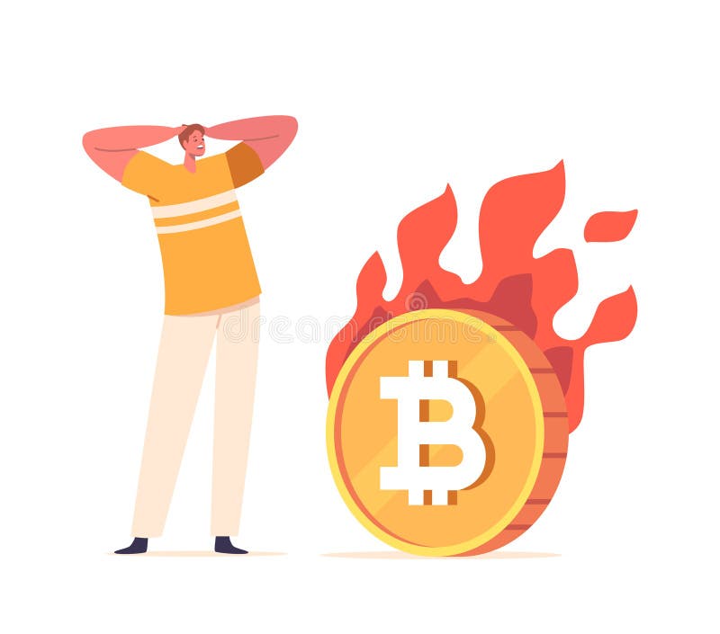 Stressade man betraktar som ett bitmyntmynt som bränner symboliserar finansiell oro och potentiell förlust i kryptovaluta royaltyfri illustrationer